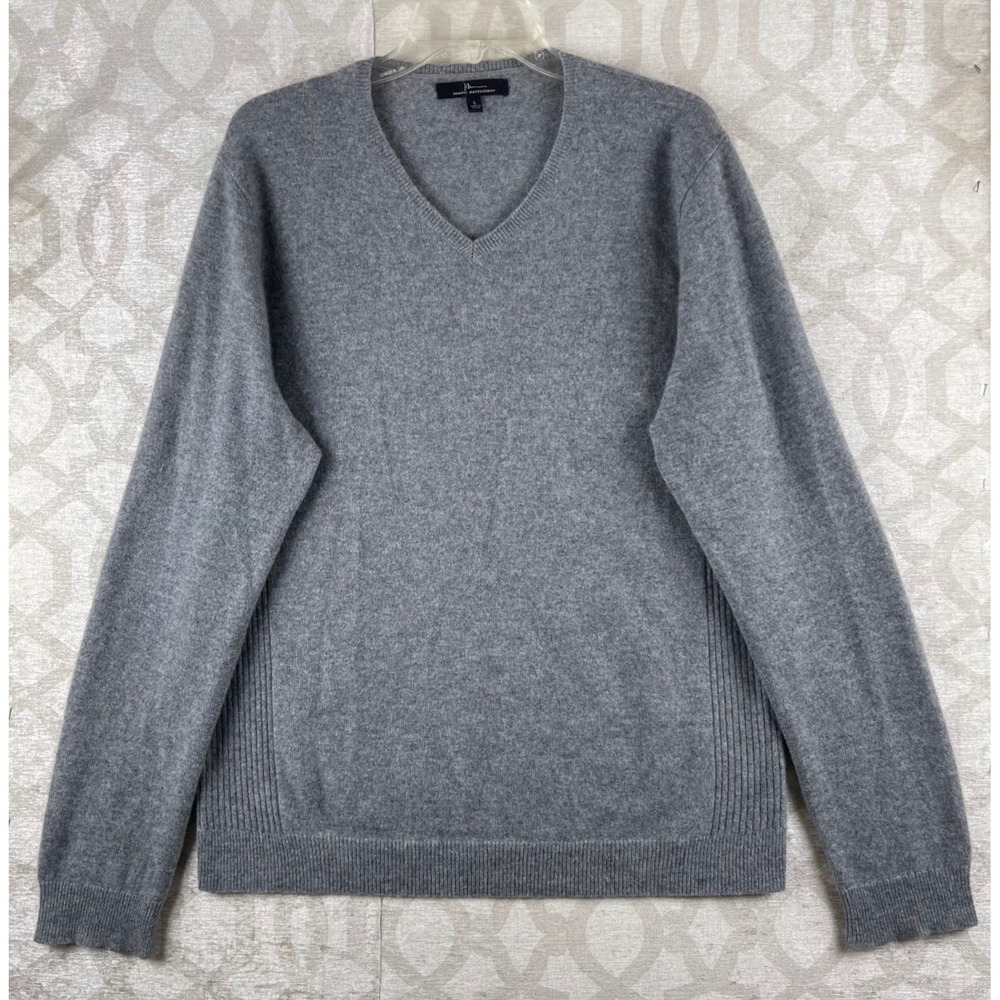 Marc Anthony 100% Cashmere Mens L Gray V-Neck Ribbed Side Sweater Luxury Knit